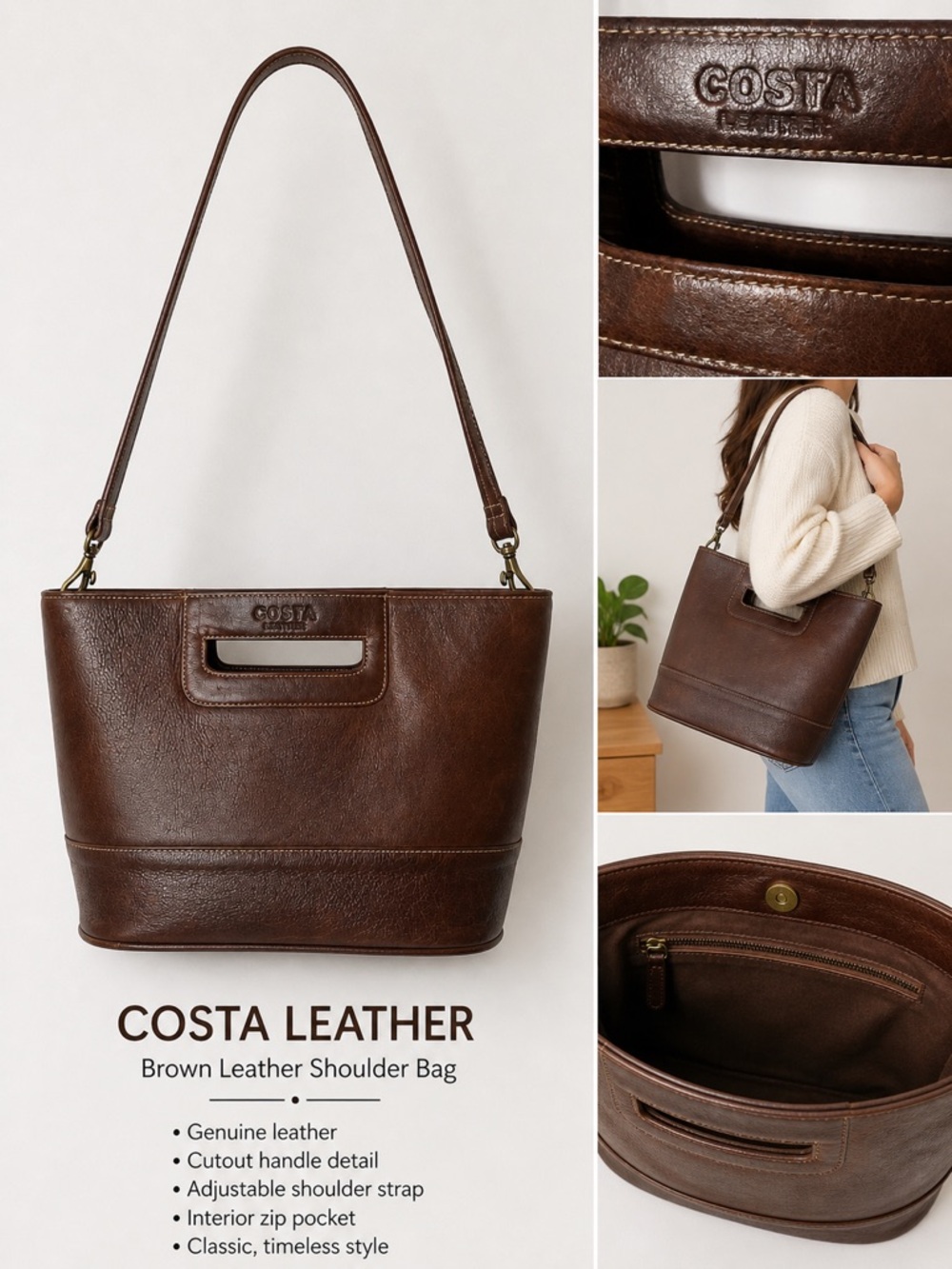 Costa Brown Leather Handheld Bag with Cutout Handle